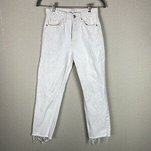 Zara Antique White Ivory High Rise Boyfriend Jeans Raw Frayed Hem Button Front 2